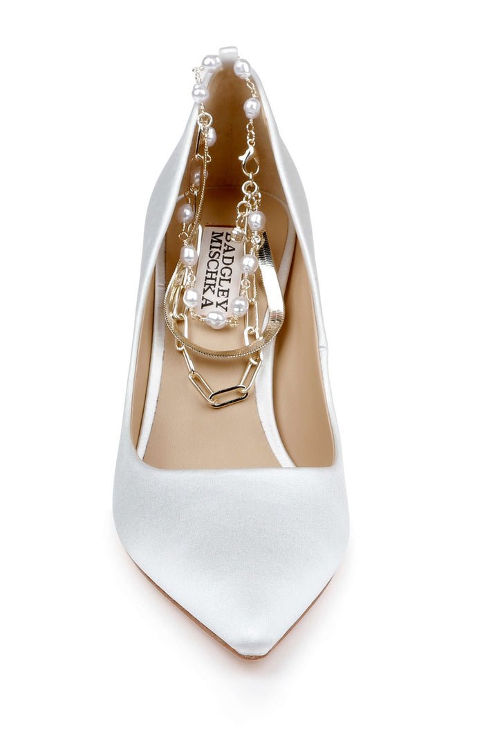 White | Verna Satin Pointed Toe Pumps with Pearl Chain Ankle Strap Front