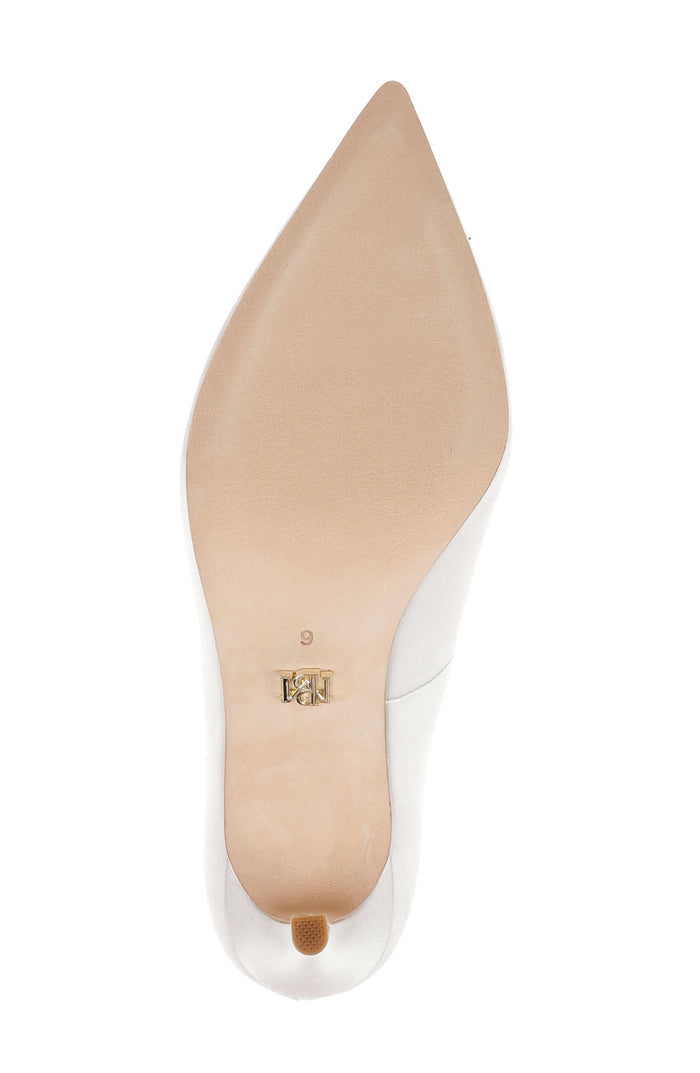 White | Verna Satin Pointed Toe Pumps with Pearl Chain Ankle Strap Sole