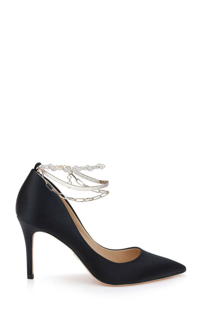 Black | Verna Satin Pointed Toe Pumps with Pearl Chain Ankle Strap Side