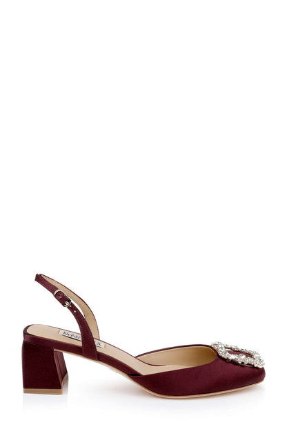 Wine Satin | Vivia Satin Block Heel Slingbacks with Crystal Buckle Side