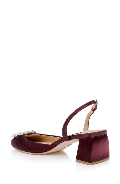 Wine Satin | Vivia Satin Block Heel Slingbacks with Crystal Buckle Back Side