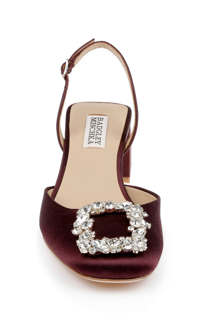 Wine Satin | Vivia Satin Block Heel Slingbacks with Crystal Buckle Front