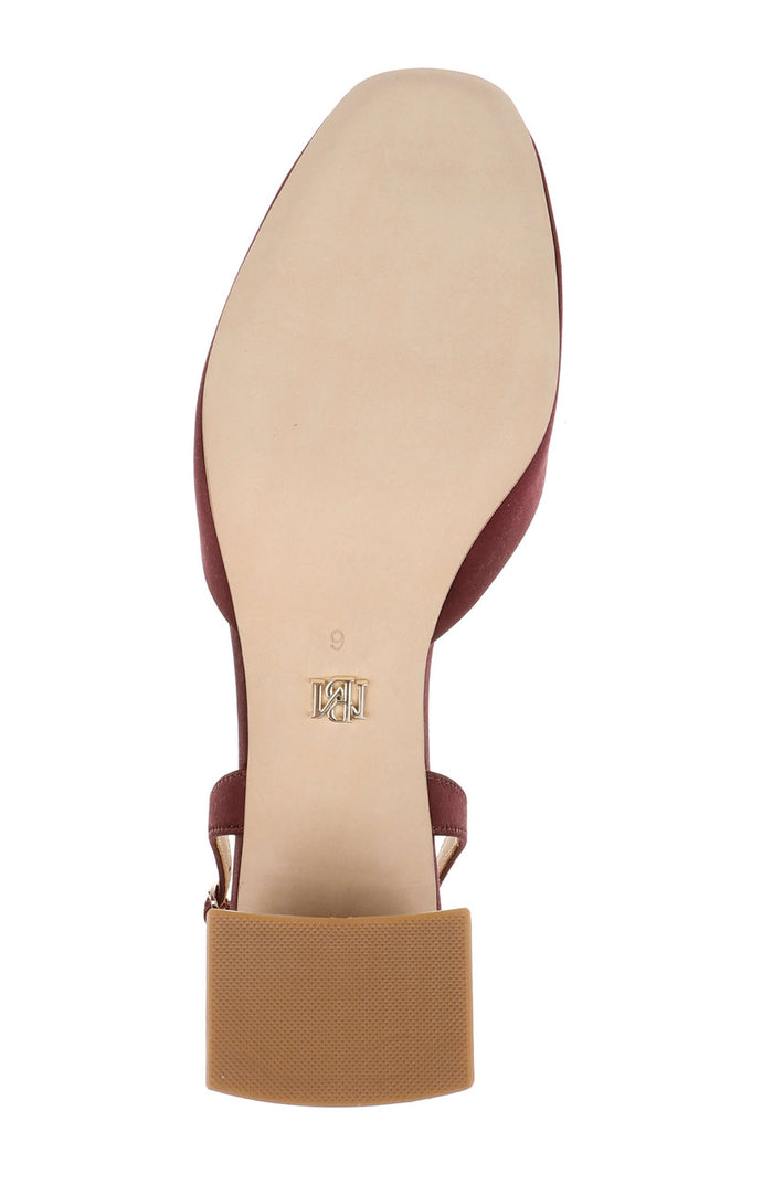 Wine Satin | Vivia Satin Block Heel Slingbacks with Crystal Buckle Sole