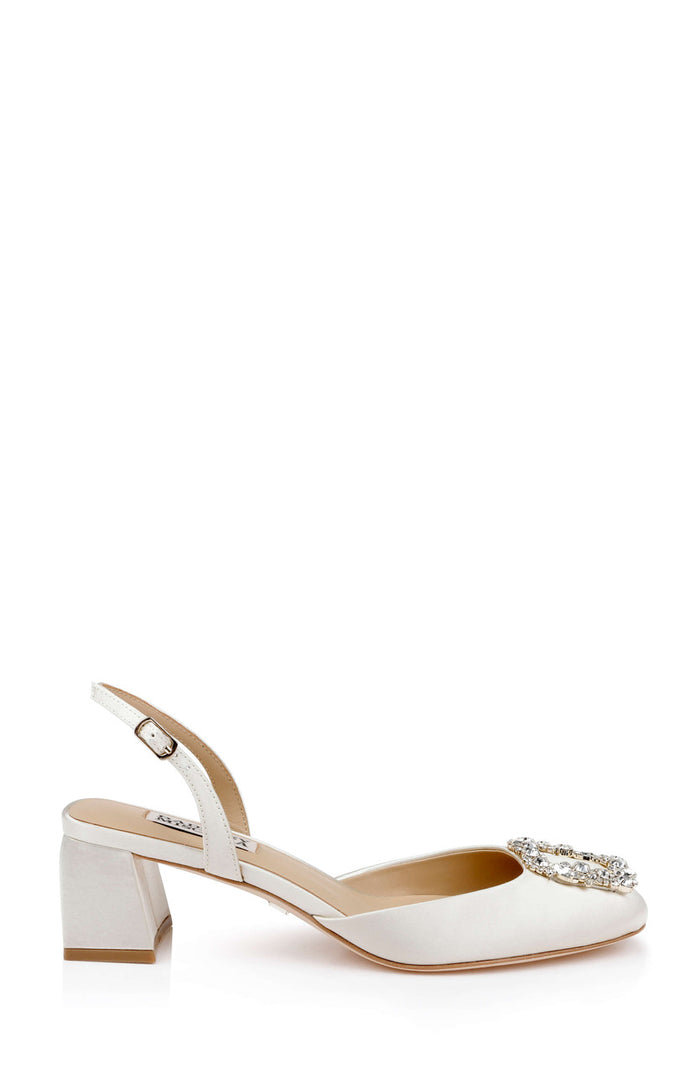 Ivory | Vivia Satin Block Heel Slingbacks with Crystal Buckle Side