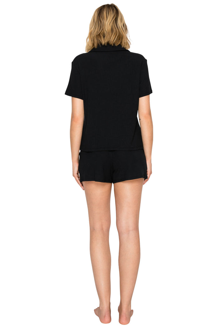 Jet Black | Yummy Modal Blend Rib Button-Up Short Pajama Set Back