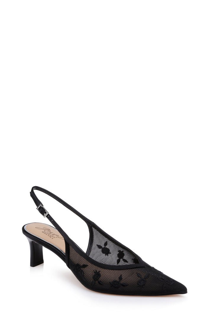 Black Satin | Zahra II Slingback Kitten Heel Pump Front Side