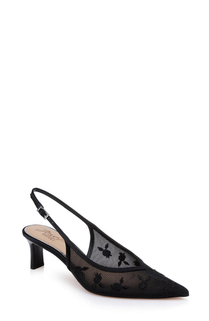 Black Satin | Zahra II Slingback Kitten Heel Pump Front Side